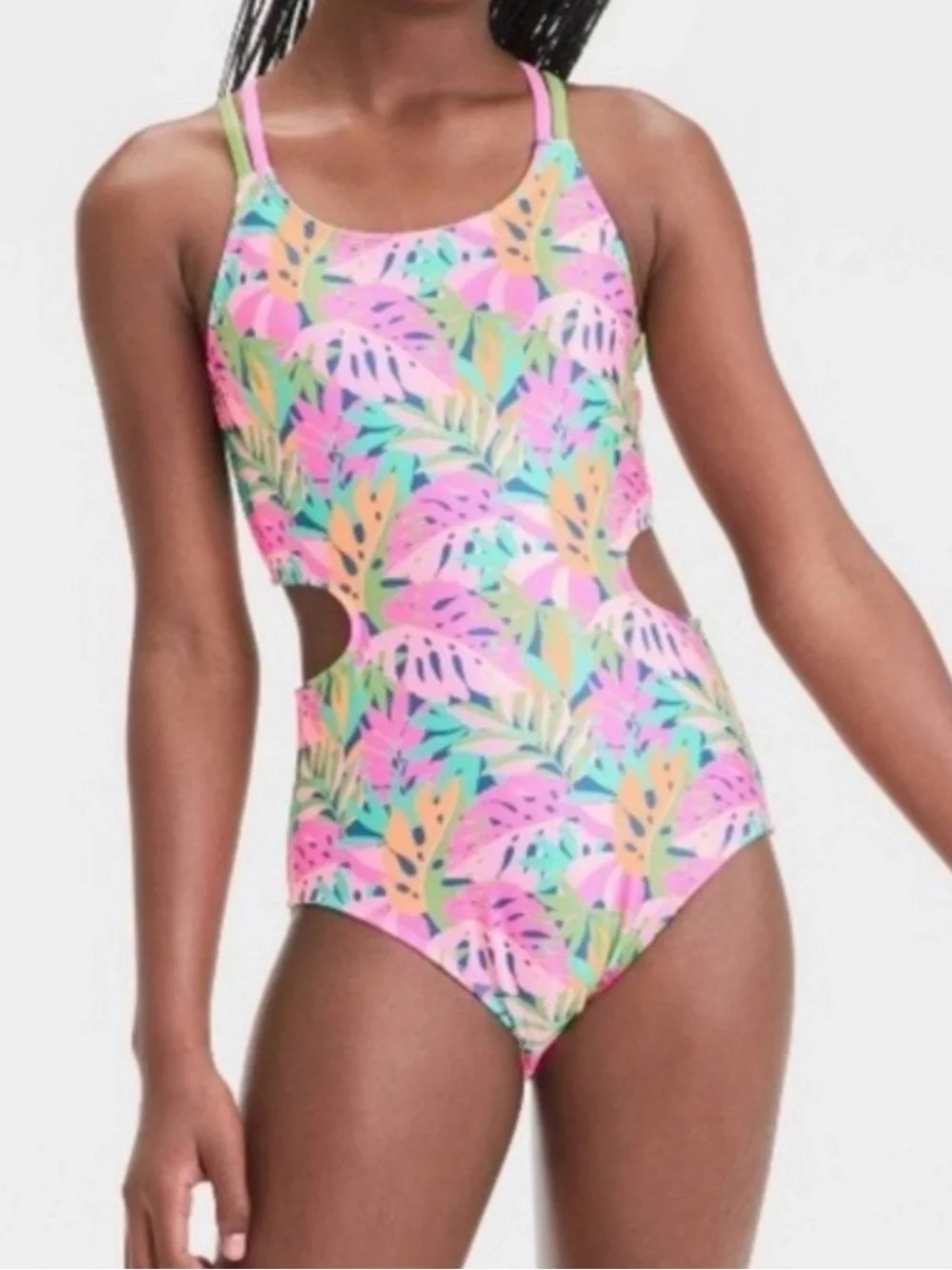 art class Girls' Tropical Leaf Cutout One-Piece Swimsuit - Pink, Green, Yellow
